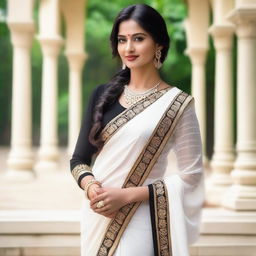 A beautiful Indian cultured woman wearing a deep long white blouse paired with a traditional black saree