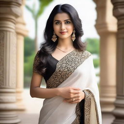 A beautiful Indian cultured woman wearing a deep long white blouse paired with a traditional black saree