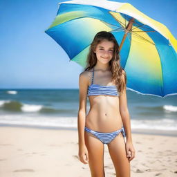 A 14-year-old girl wearing a bikini, standing on a sunny beach with clear blue skies