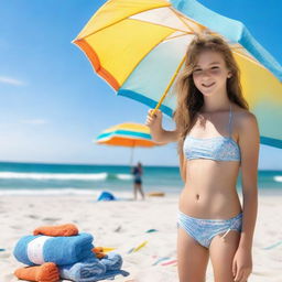 A 14-year-old girl wearing a bikini, standing on a sunny beach with clear blue skies