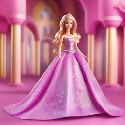 A beautiful princess Barbie in a luxurious, sparkling gown standing in a grand, magical castle