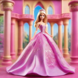 A beautiful princess Barbie in a luxurious, sparkling gown standing in a grand, magical castle