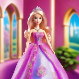 A beautiful princess Barbie in a luxurious, sparkling gown standing in a grand, magical castle