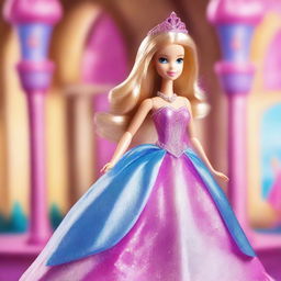 A beautiful princess Barbie in a luxurious, sparkling gown standing in a grand, magical castle