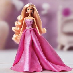 A Barbie doll with a pink glittery dress, but with the user's face