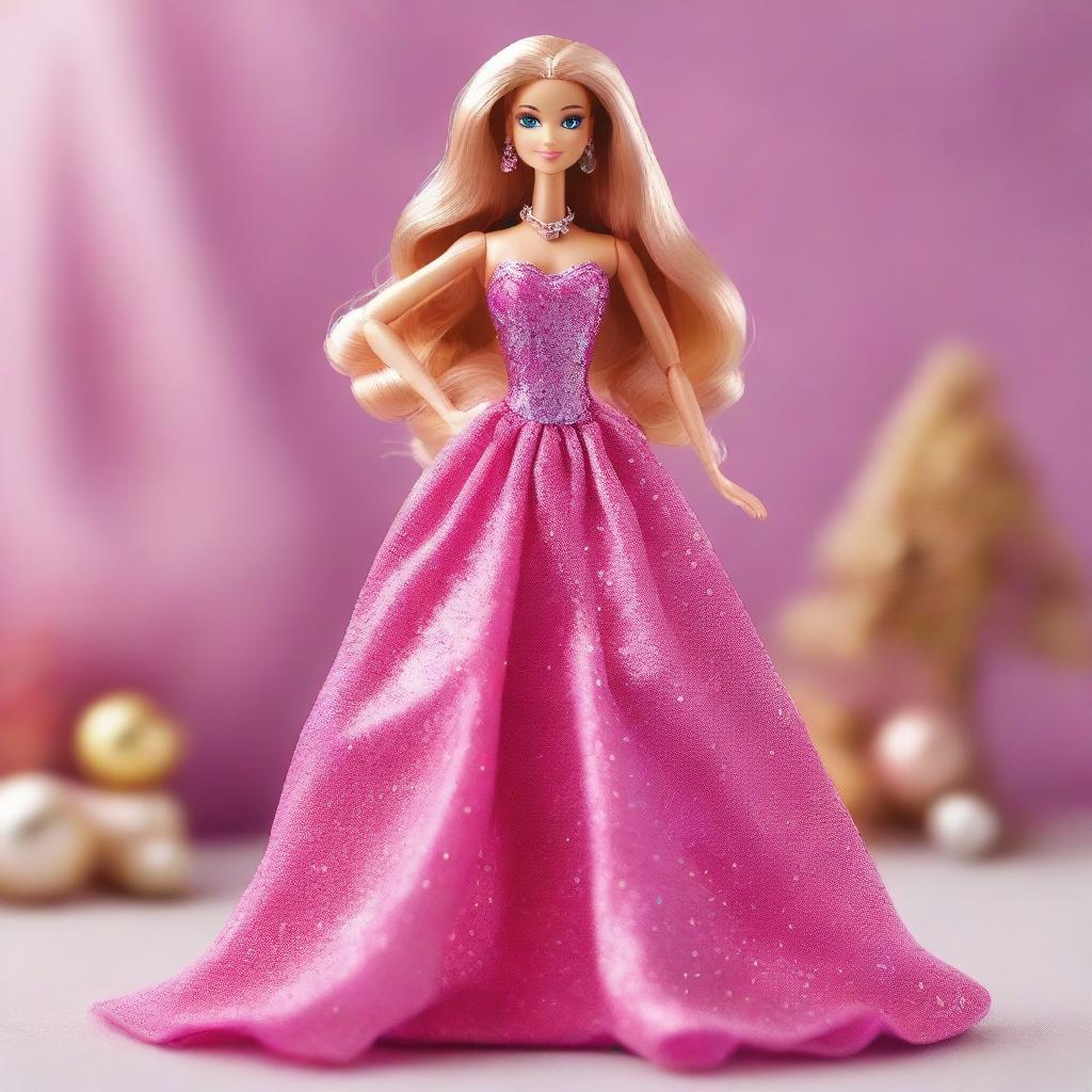 A Barbie doll with a pink glittery dress, but with the user's face