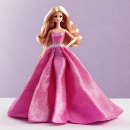 A Barbie doll with a pink glittery dress, but with the user's face