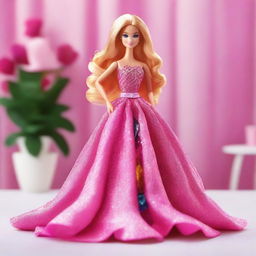 A Barbie doll with a pink glittery dress, but with the user's face