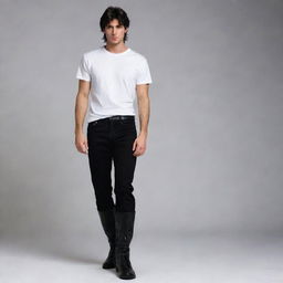 A striking male character with siren-black eyes and short mullet hairstyle, wearing a white t-shirt, black pants and long boots.