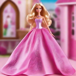 A Barbie doll wearing a stunning Fashion Fairytale dress, but with the user's face