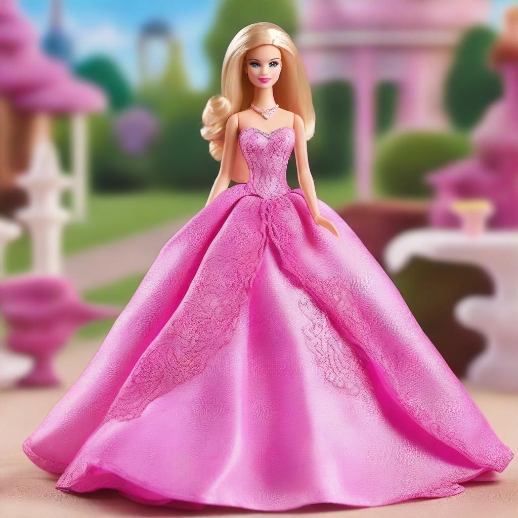 A Barbie doll wearing a stunning Fashion Fairytale dress, but with the user's face