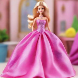 A Barbie doll wearing a stunning Fashion Fairytale dress, but with the user's face