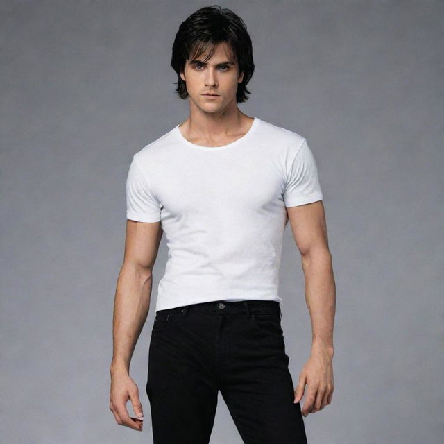 A striking male character with siren-black eyes and short mullet hairstyle, wearing a white t-shirt, black pants and long boots.