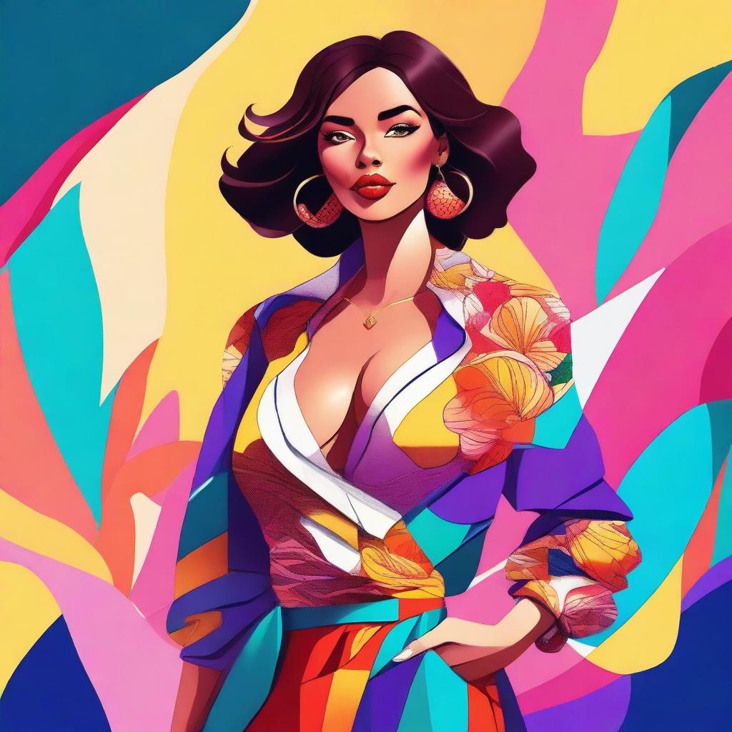 A digital illustration of a woman with a large chest, wearing a stylish outfit