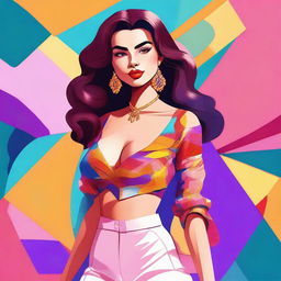 A digital illustration of a woman with a large chest, wearing a stylish outfit