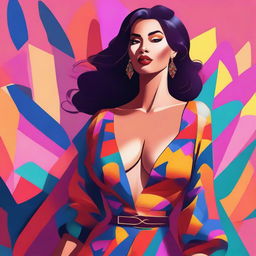 A digital illustration of a woman with a large chest, wearing a stylish outfit