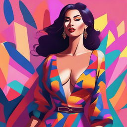 A digital illustration of a woman with a large chest, wearing a stylish outfit