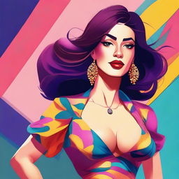 A digital illustration of a woman with a large chest, wearing a stylish outfit