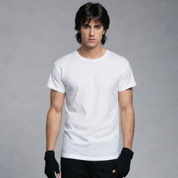 A striking male character with siren-black eyes and short mullet hairstyle, wearing a white t-shirt, black pants and long boots.