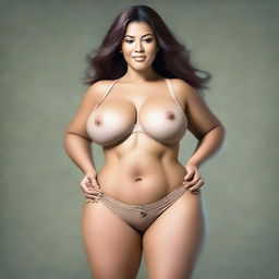 A realistic depiction of a woman with a large chest wearing a bra, and having big thighs