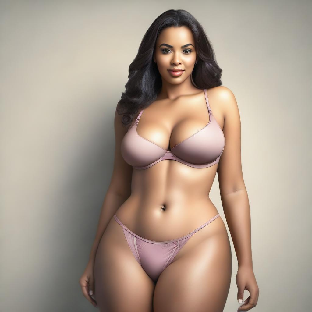 A realistic depiction of a woman with a large chest wearing a bra, and having big thighs