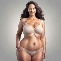 A realistic depiction of a woman with a large chest wearing a bra, big thighs, and a thin body