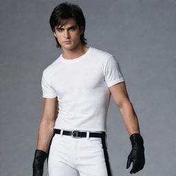 A striking male character with siren-black eyes and short mullet hairstyle, wearing a white t-shirt, black pants and long boots.