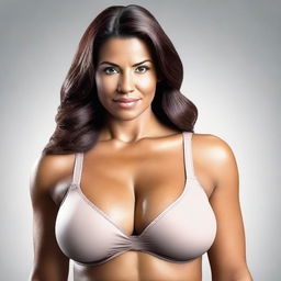 A realistic depiction of a fit woman with enormous breasts wearing a small bra