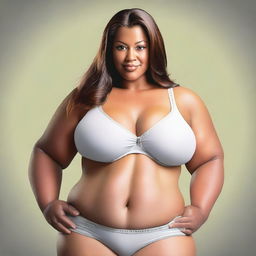 A realistic depiction of a healthy woman with enormous breasts wearing a small bra and having fat thighs