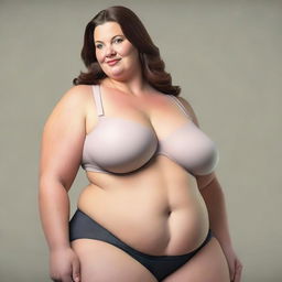 A realistic depiction of a healthy woman with enormous breasts wearing a small bra and having fat thighs