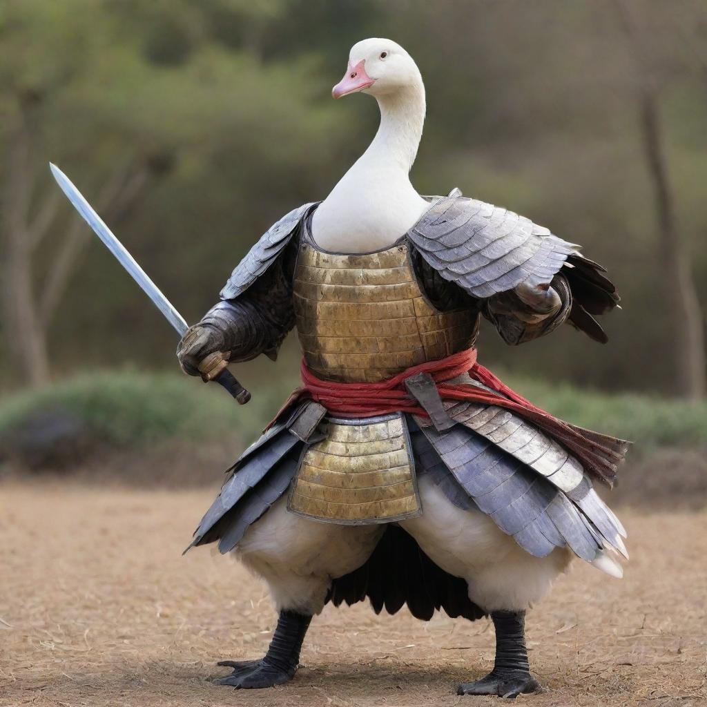 A warrior goose in full battle armor, wielding a shimmering samurai sword, ready for combat in a feudal Japanese setting.