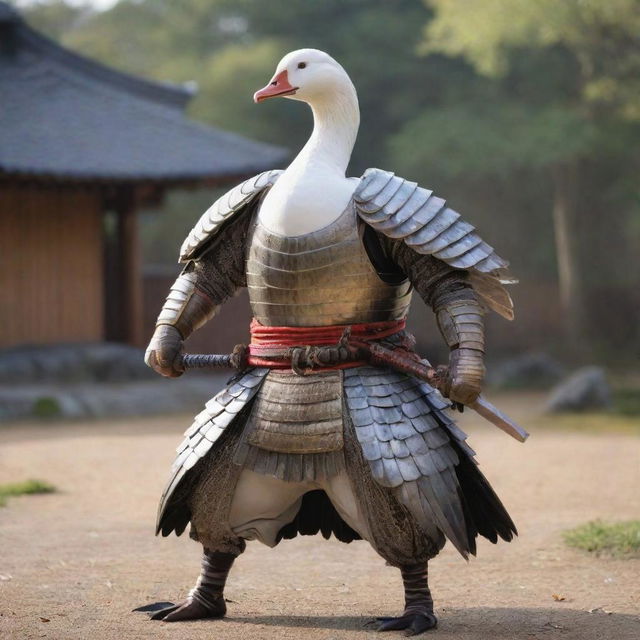 A warrior goose in full battle armor, wielding a shimmering samurai sword, ready for combat in a feudal Japanese setting.