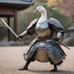 A warrior goose in full battle armor, wielding a shimmering samurai sword, ready for combat in a feudal Japanese setting.