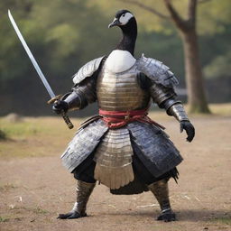 A warrior goose in full battle armor, wielding a shimmering samurai sword, ready for combat in a feudal Japanese setting.