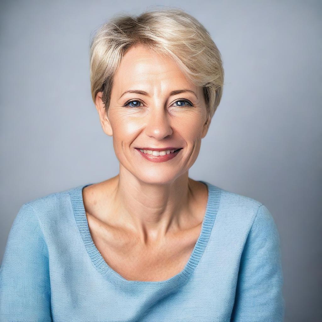 A woman over 40 from Europe with short blonde hair, wearing light blue tight jeans