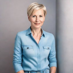 A woman over 40 from Europe with short blonde hair, wearing light blue tight jeans