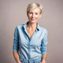 A woman over 40 from Europe with short blonde hair, wearing light blue tight jeans