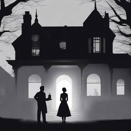 A dark mansion shrouded in fog with a dim light in the window