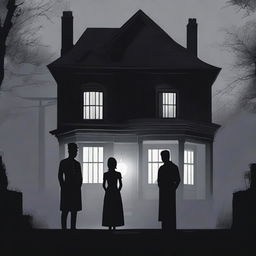 A dark mansion shrouded in fog with a dim light in the window