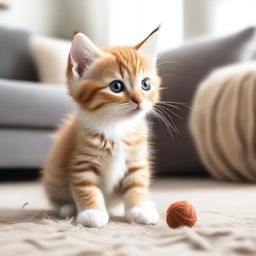 A cute and fluffy kitten playing with a ball of yarn in a cozy living room