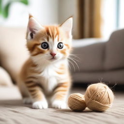 A cute and fluffy kitten playing with a ball of yarn in a cozy living room