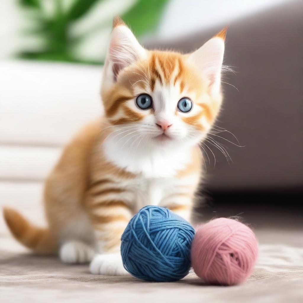 A cute and fluffy kitten playing with a ball of yarn in a cozy living room