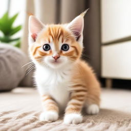 A cute and fluffy kitten playing with a ball of yarn in a cozy living room