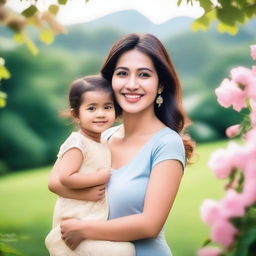 A beautiful mother with a warm smile, surrounded by a serene and picturesque background