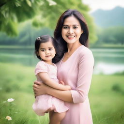 A beautiful mother with a warm smile, surrounded by a serene and picturesque background