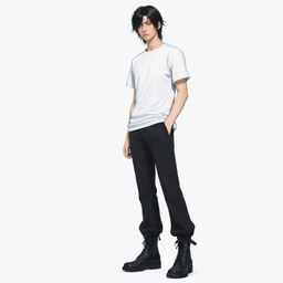 Japanese anime style male character with siren-black eyes and a short mullet hairstyle, donned in a white t-shirt, black pants and long boots.