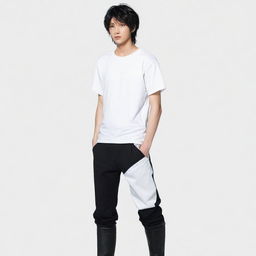 Japanese anime style male character with siren-black eyes and a short mullet hairstyle, donned in a white t-shirt, black pants and long boots.