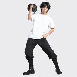 Japanese anime style male character with siren-black eyes and a short mullet hairstyle, donned in a white t-shirt, black pants and long boots.