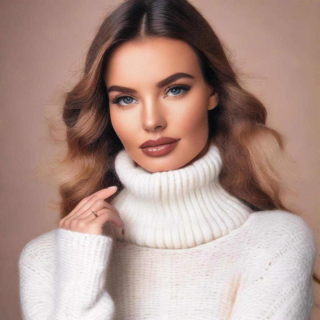 A sexy playboy model wearing a white turtleneck sweater