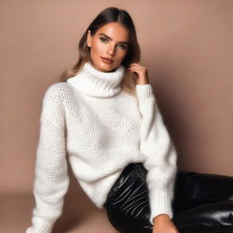 A sexy playboy model wearing a white turtleneck sweater